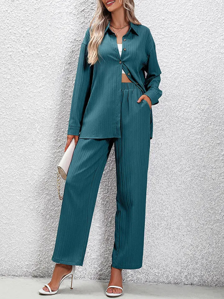 Long Sleeve Shirt and Pants Set Trendsi