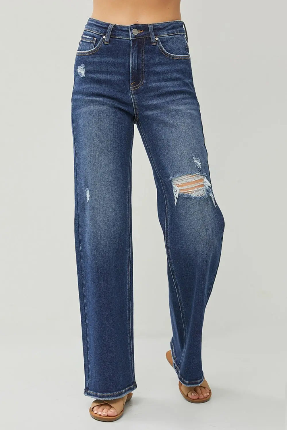 RISEN Full Size High Rise Distressed Wide Leg Jeans Trendsi