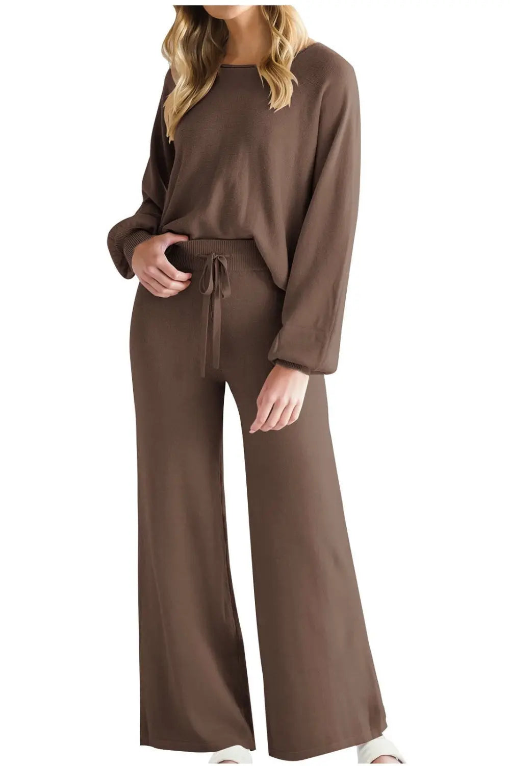 Round Neck Long Sleeve Top and Pants Set Trendsi