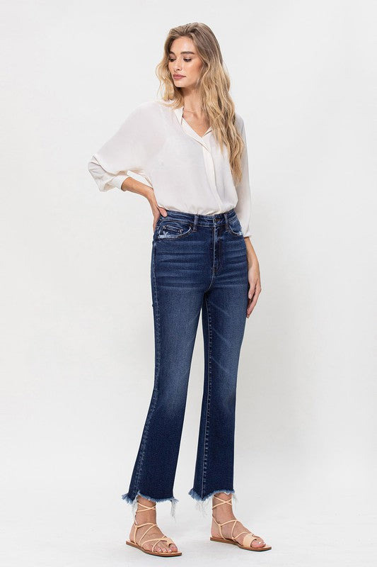 High Rise Distressed Hem Kick Flare Jeans - Pure Serenity DBA