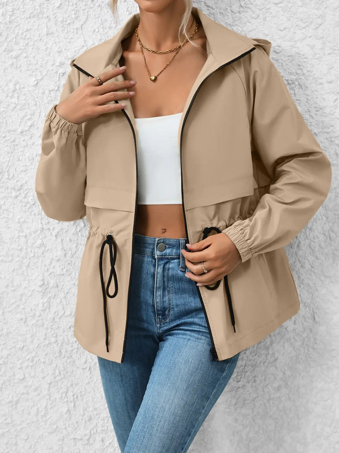 Ivy Lane Drawstring Zip Up Hooded Jacket Trendsi