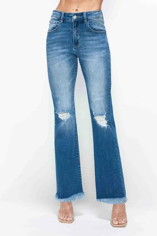 bytos Full Size Raw Hem Distressed High Rise Bootcut Jeans Trendsi