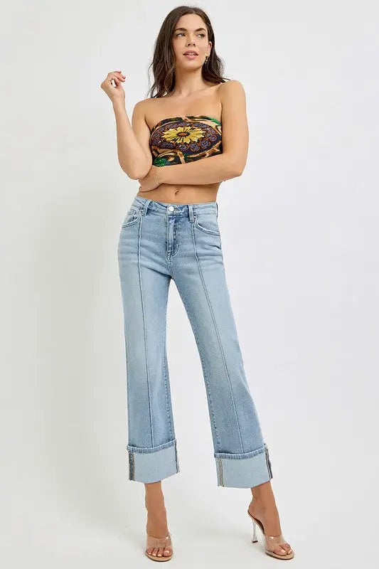 RISEN Plus Size Ankle Straight Leg Cuffed Jeans Trendsi