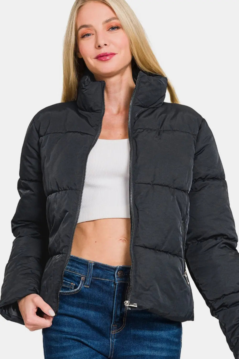 Zenana Zip Up Turtleneck Puffer Jacket with Pockets Trendsi