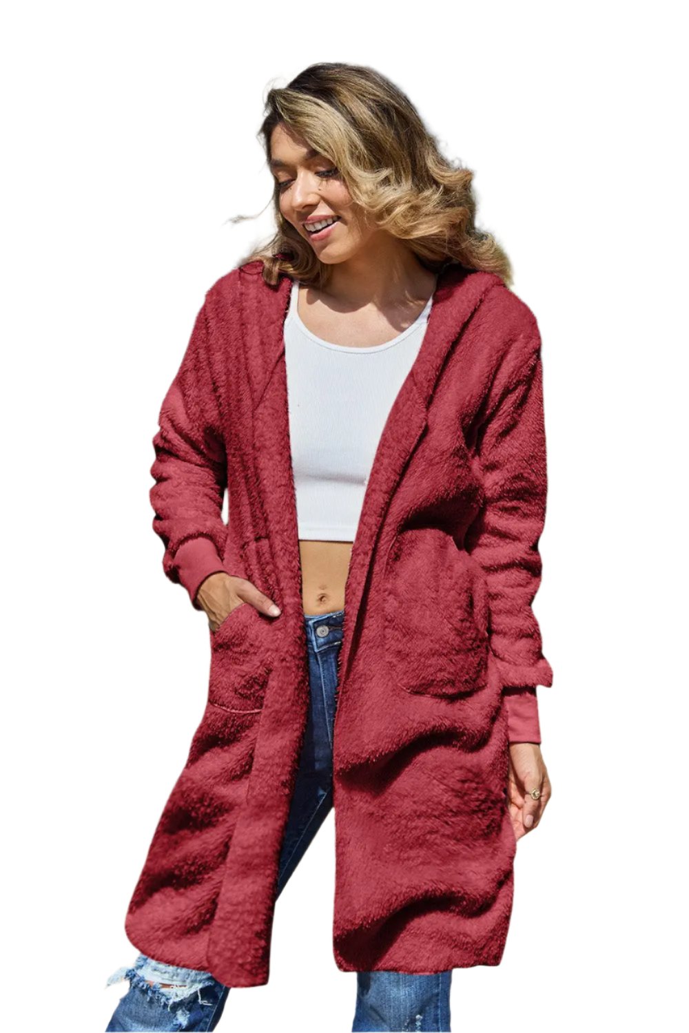 Double Take Full Size Hooded Teddy Bear Jacket with Thumbholes Trendsi