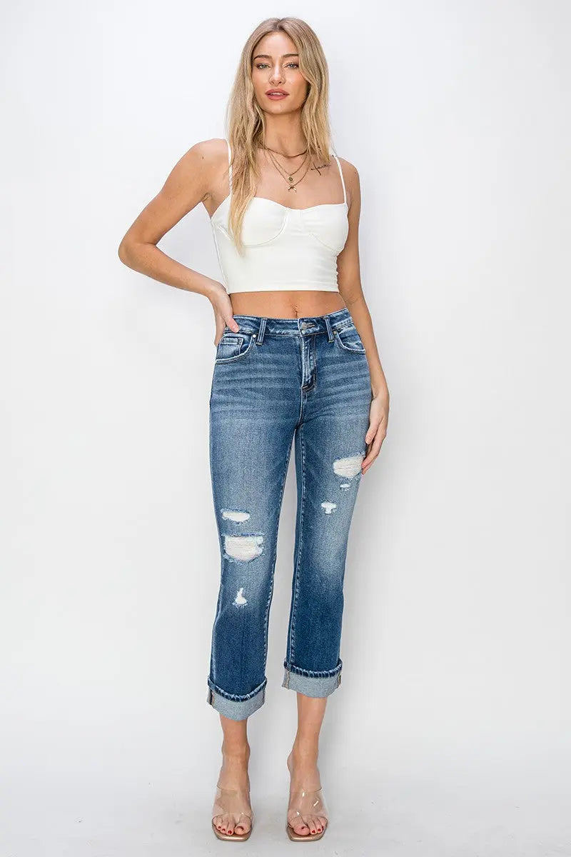 RISEN Full Size Cuffed Ankle Distressed Straight Jeans Trendsi