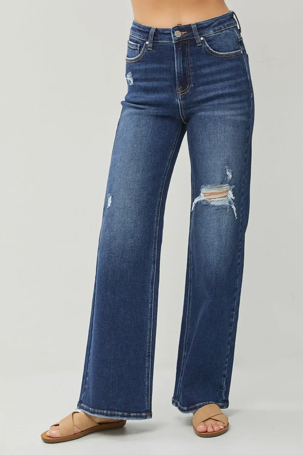 RISEN Full Size High Rise Distressed Wide Leg Jeans Trendsi