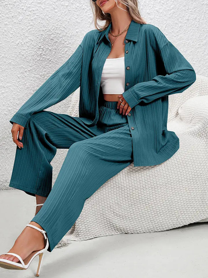 Long Sleeve Shirt and Pants Set Trendsi