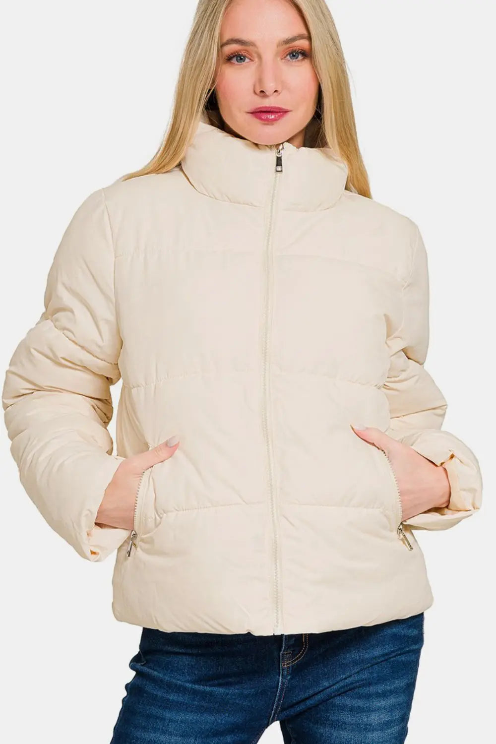 Zenana Zip Up Turtleneck Puffer Jacket with Pockets Trendsi