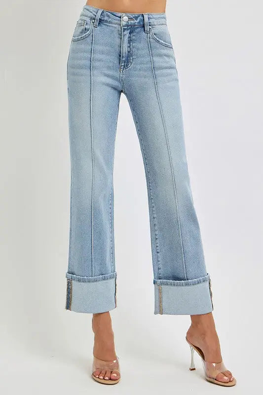 RISEN Plus Size Ankle Straight Leg Cuffed Jeans Trendsi