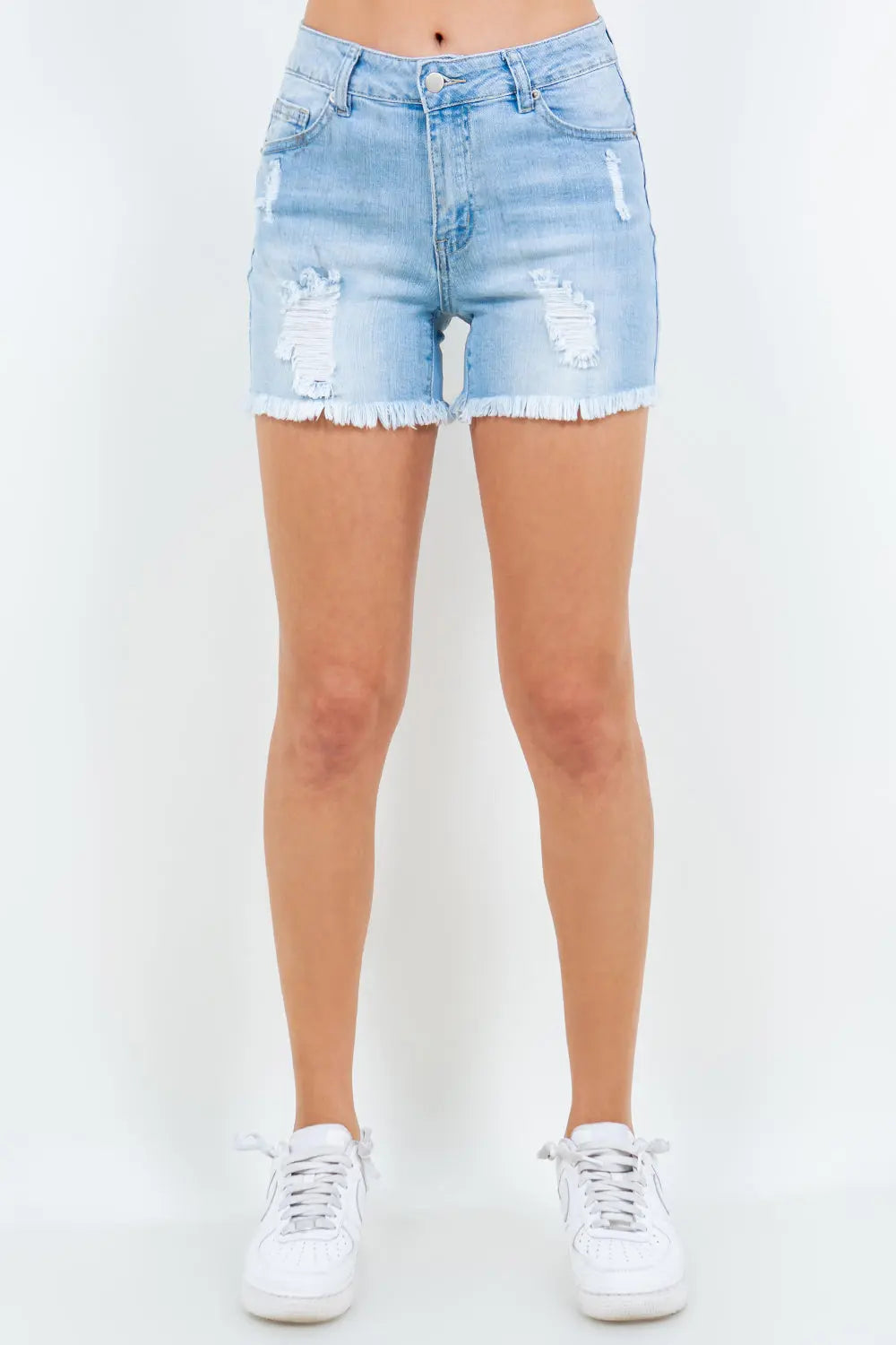 American Bazi High Waist Distressed Frayed Denim Shorts Trendsi