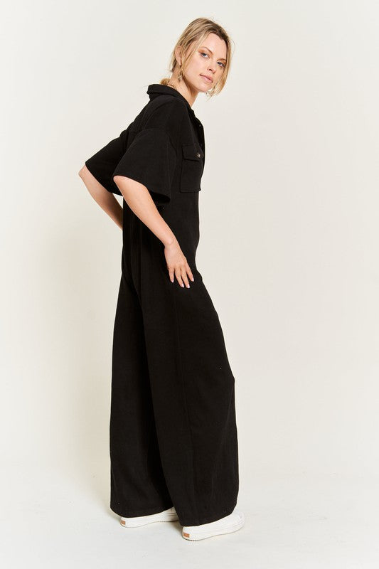 Basic Collar Shirt Wide leg Jumpsuit - Pure Serenity DBA