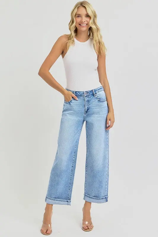 RISEN Full Size Ankle Wide Leg Cuffed Jeans Plus Size Trendsi