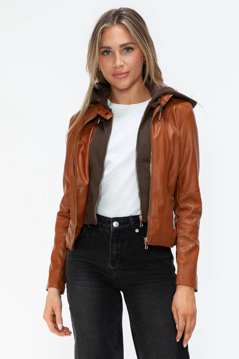 Snobbish Faux Leather Zip Up Drawstring Hooded Jacket Trendsi