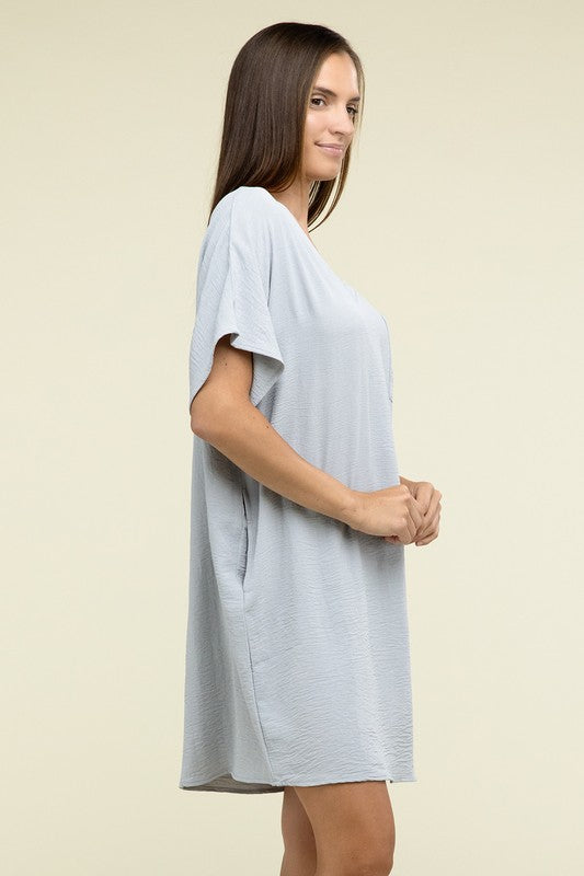 Woven Airflow V Neck T-Shirt Dress with Pockets - Pure Serenity DBA