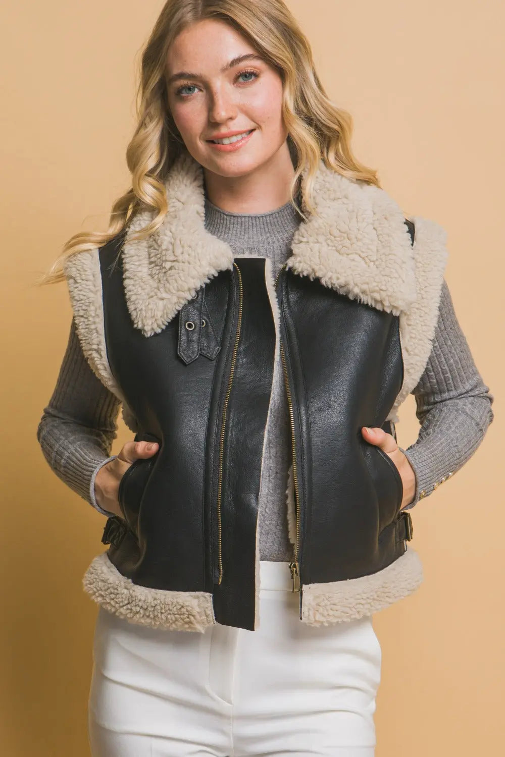 Love Tree Sherpa Zip Up Vest with Pockets Trendsi