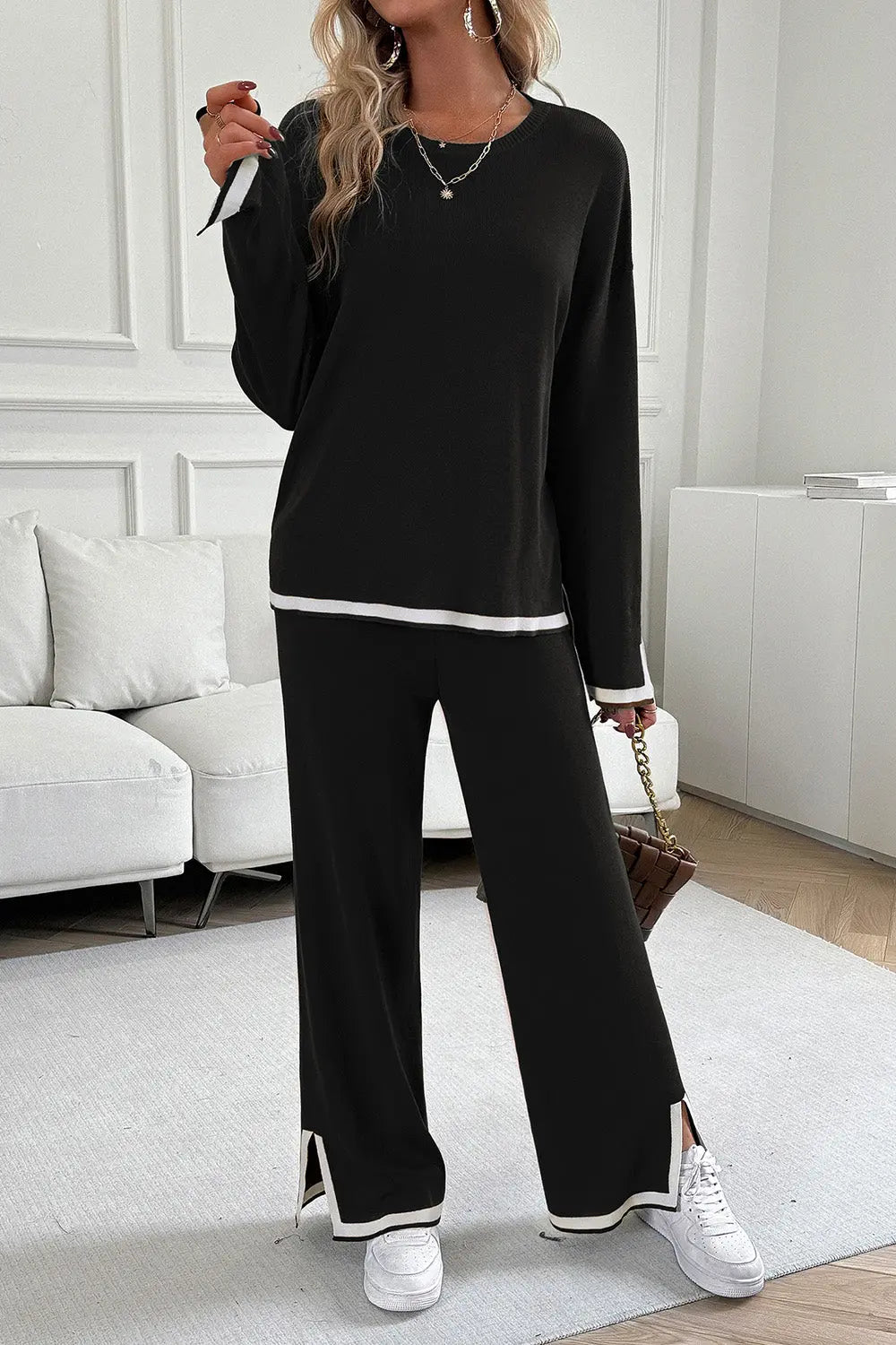 Devine Contrast Trim Round Neck Top and Pants Set Trendsi