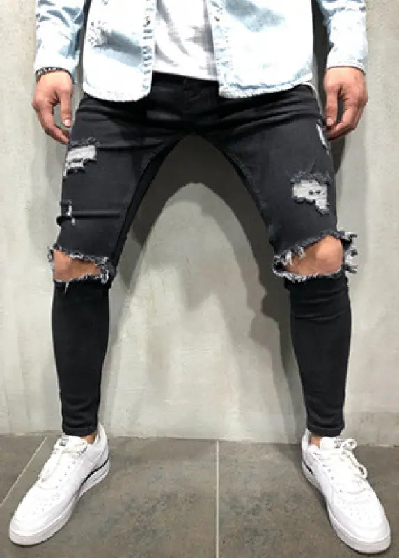 Men's Fashion Mid Waist Ripped Slim Jeans kakaclo