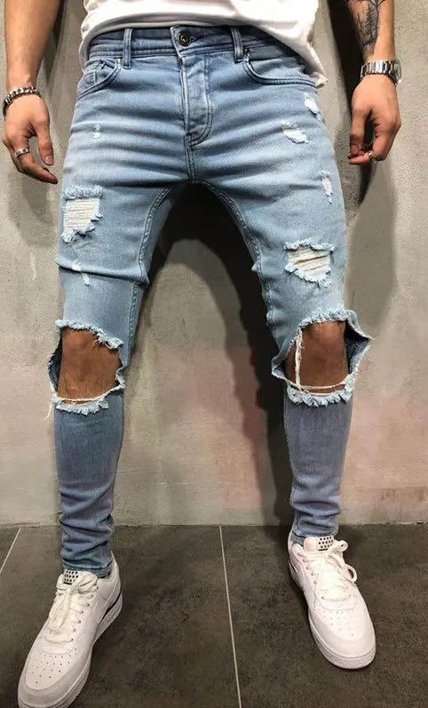 Men's Fashion Mid Waist Ripped Slim Jeans kakaclo