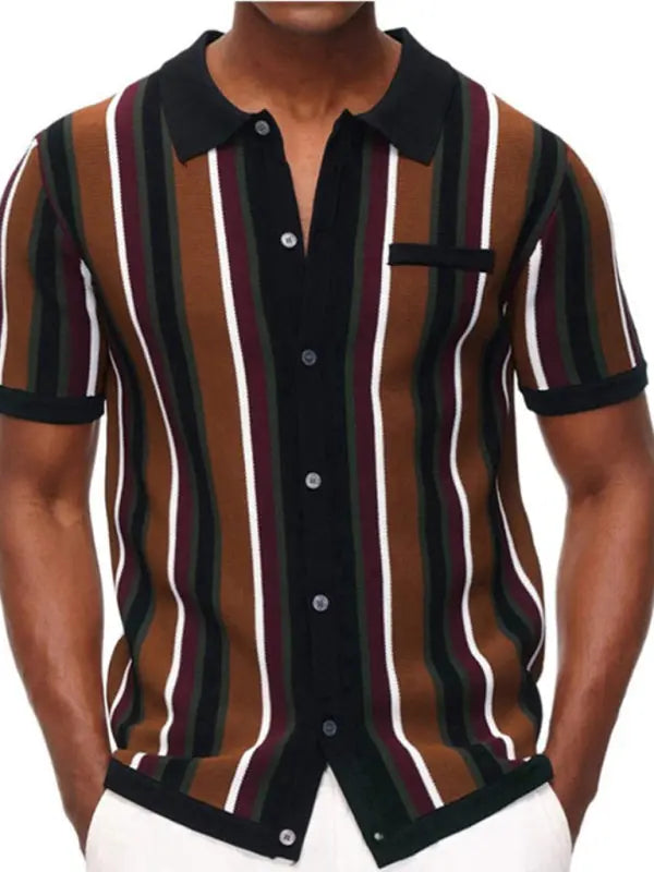 Men's single Breasted Color Contrast Stripe Short Sleeve Shirt kakaclo