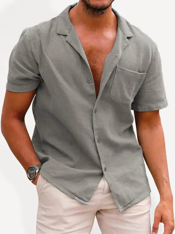 Men's Woven Linen Loose Lapel Shirt kakaclo