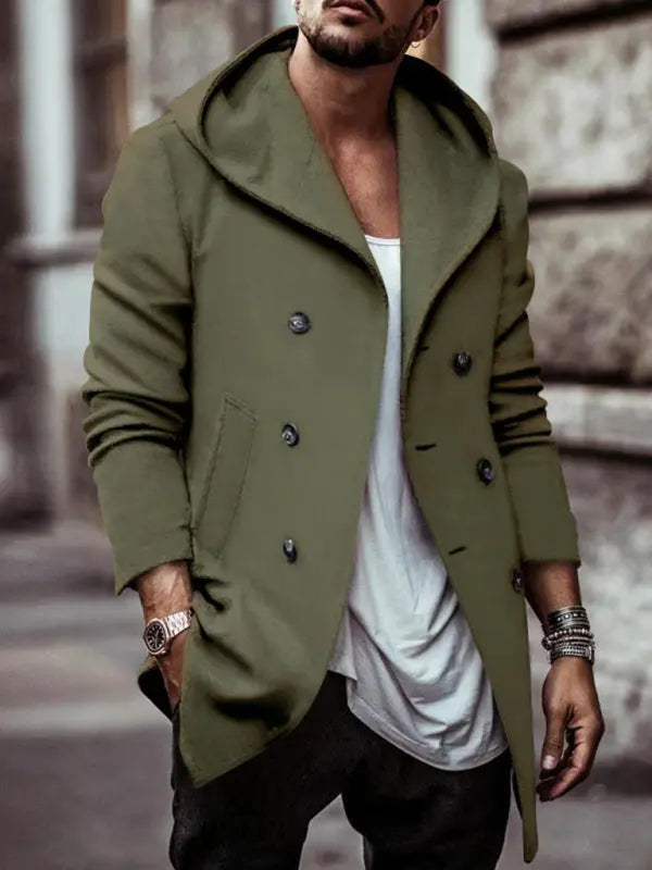 Men's mid-length lapel hooded double-breasted casual trench coat kakaclo