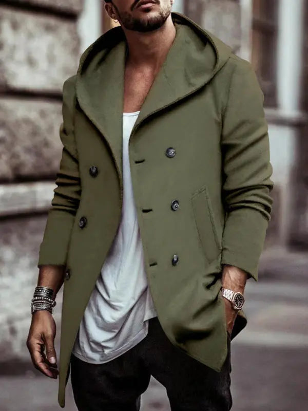 Men's mid-length lapel hooded double-breasted casual trench coat kakaclo