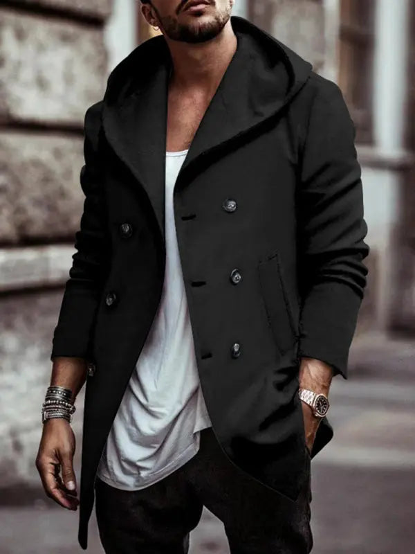 Men's mid-length lapel hooded double-breasted casual trench coat kakaclo