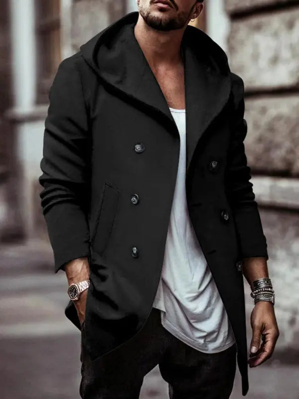 Men's mid-length lapel hooded double-breasted casual trench coat kakaclo