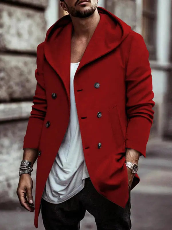 Men's mid-length lapel hooded double-breasted casual trench coat kakaclo