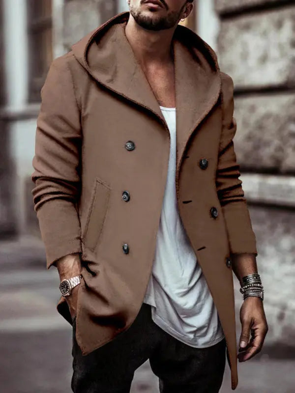 Men's mid-length lapel hooded double-breasted casual trench coat kakaclo