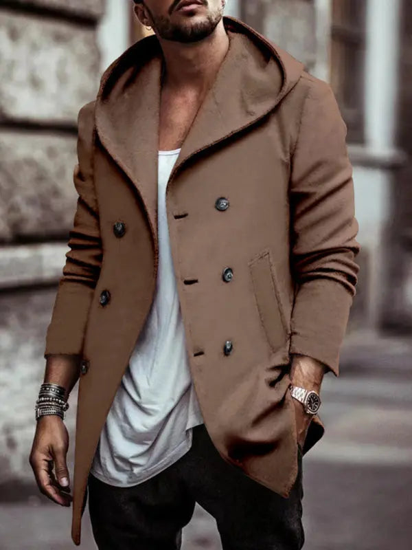 Men's mid-length lapel hooded double-breasted casual trench coat kakaclo