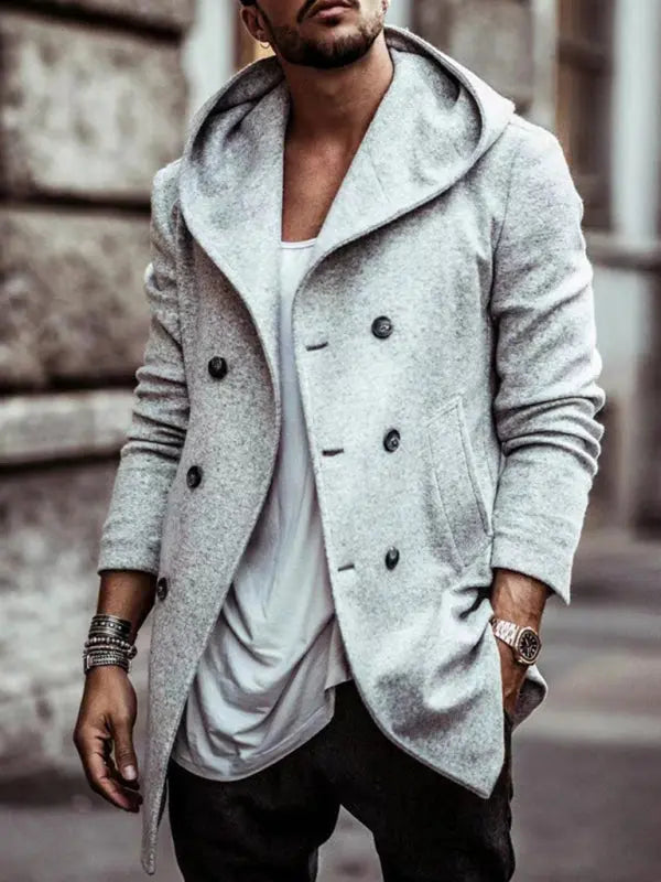 Men's mid-length lapel hooded double-breasted casual trench coat kakaclo