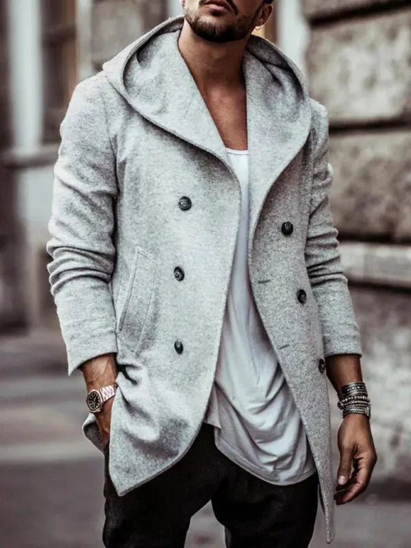 Men's mid-length lapel hooded double-breasted casual trench coat kakaclo