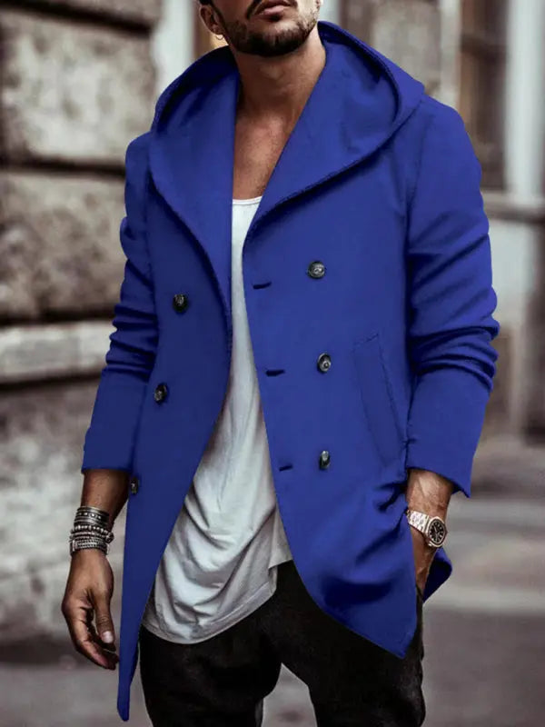 Men's mid-length lapel hooded double-breasted casual trench coat kakaclo