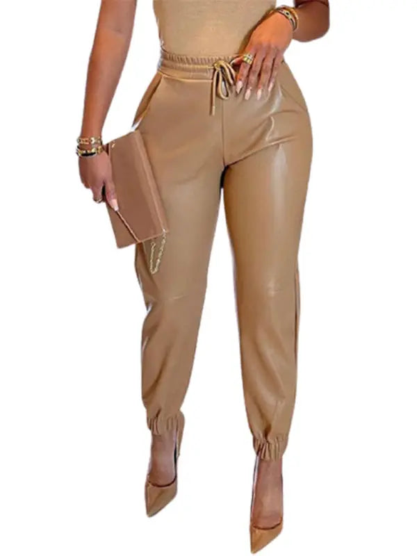 Women's Solid Color Drawstring Pocket Leggings Leather Pants kakaclo