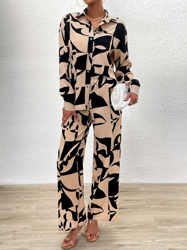 kakaclo Casual Printed Suit Long-Sleeved Tops and Trousers Two Pieces Set