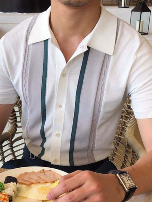 kakaclo Men's Lapel Pullover Casual Striped Polo Shirt