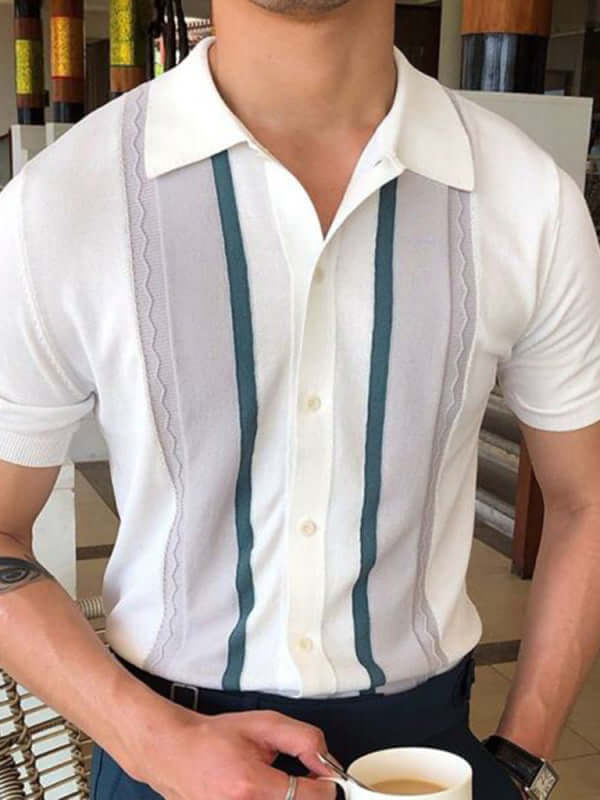 kakaclo White / S Men's Lapel Pullover Casual Striped Polo Shirt