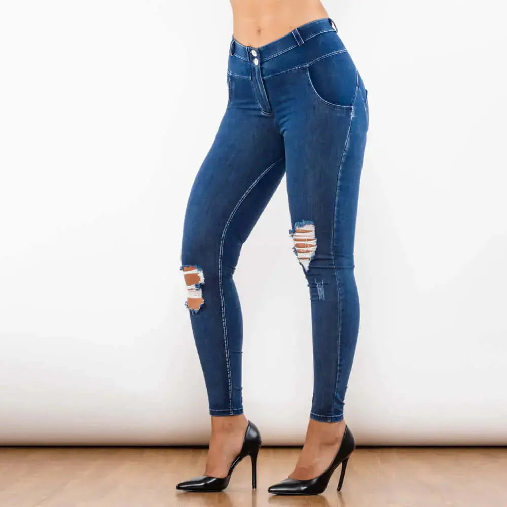 Royalwolf Casual Wear Shascullfites Melody Blue Washed Ripped Middle Waist Ripped Blue Lifting Jegging