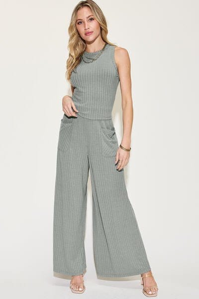 Trendsi Basic Bae Full Size Ribbed Tank and Wide Leg Pants Set