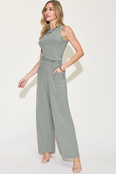 Trendsi Basic Bae Full Size Ribbed Tank and Wide Leg Pants Set