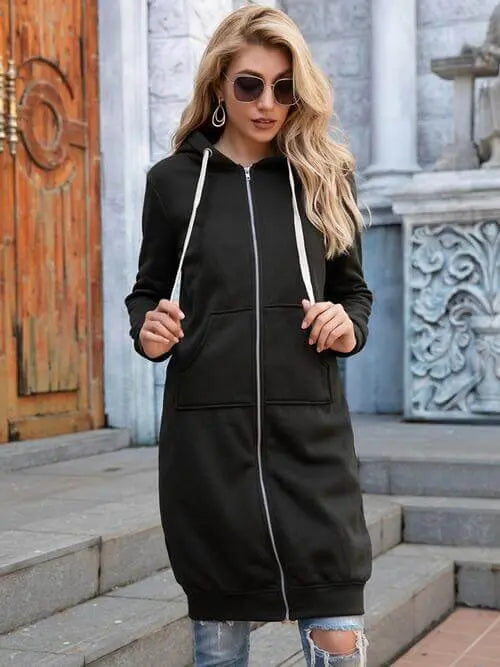 Trendsi Black / S Double Take Full Size Zip-Up Longline Hoodie with Pockets
