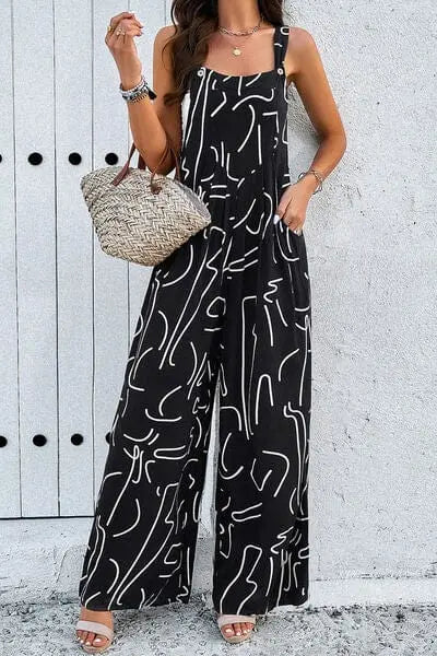 Trendsi Black / S Printed Wide Strap Jumpsuit with Pockets