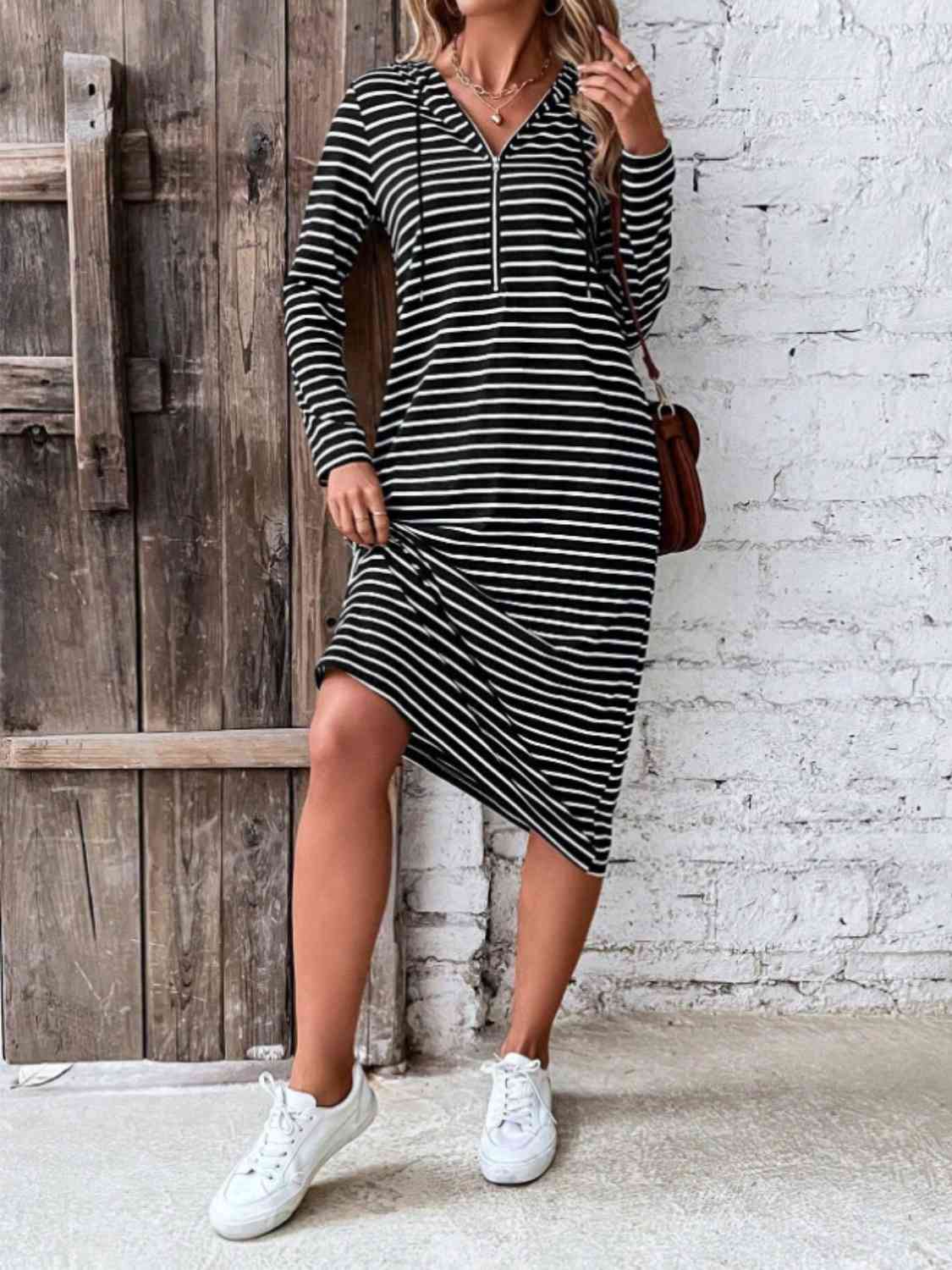 Trendsi Black / S Striped Zip Front Hooded Dress