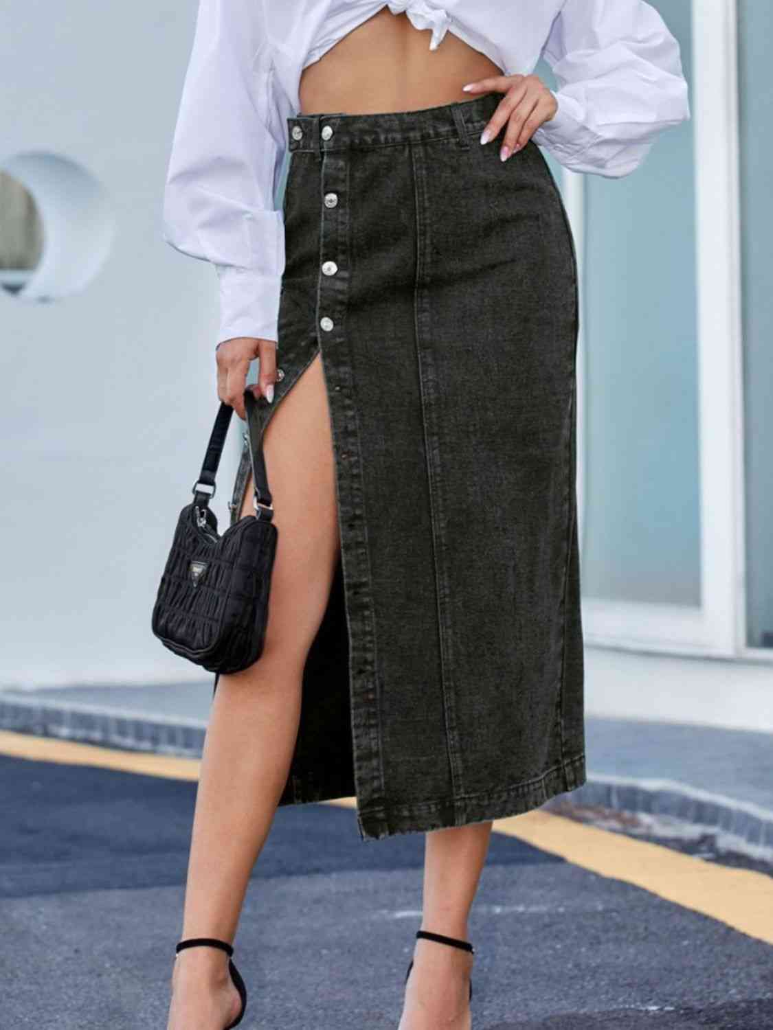 Trendsi Black / XS Button Down Denim Skirt