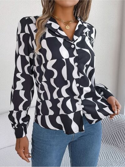 Trendsi Business Casual Black / S Printed Button Up Long Sleeve Shirt