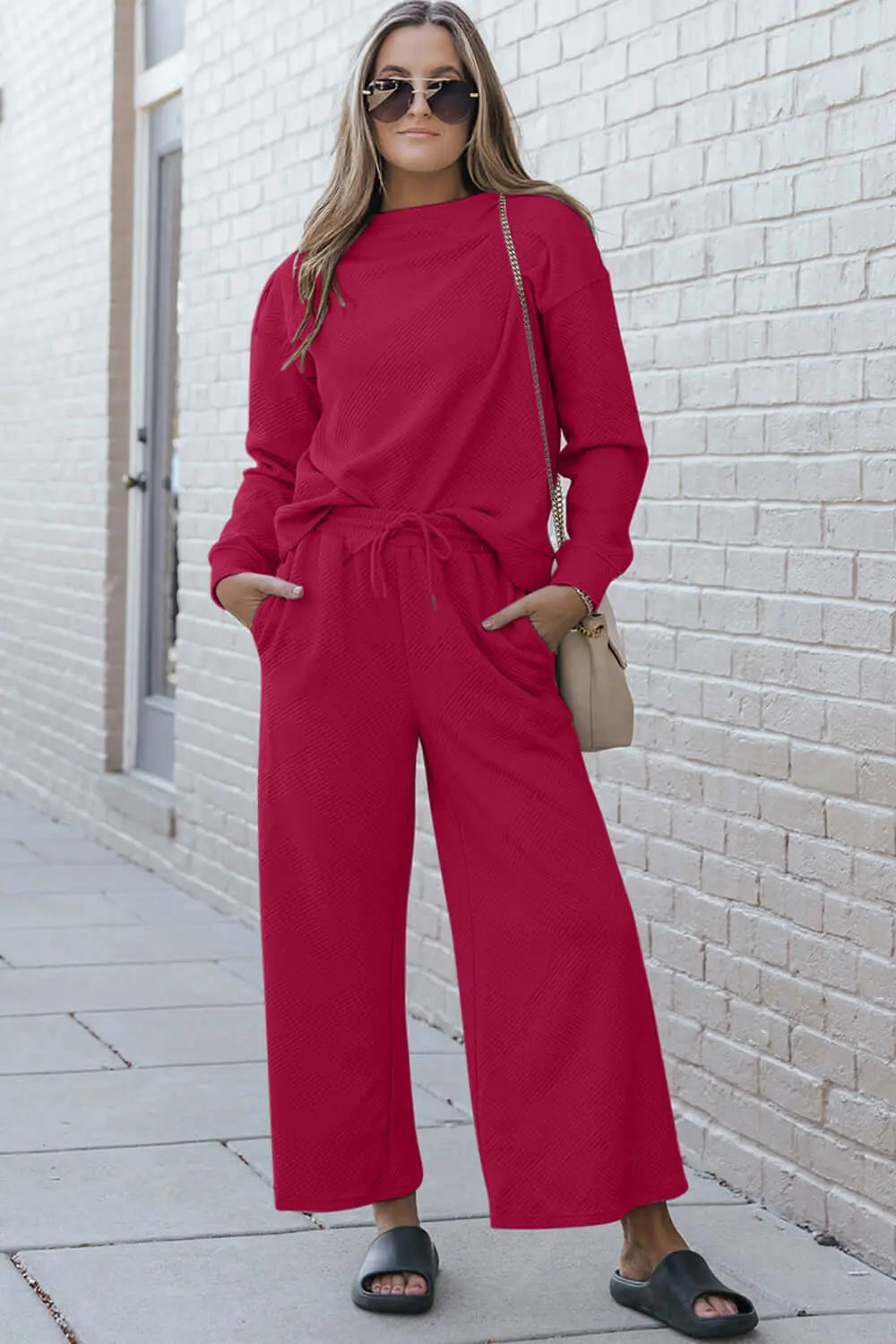 Trendsi Cerise / 3XL Double Take Full Size Textured Long Sleeve Top and Drawstring Pants Set