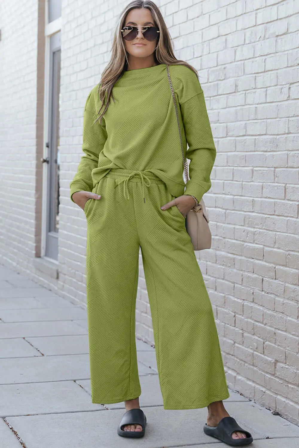 Trendsi Chartreuse / 2XL Double Take Full Size Textured Long Sleeve Top and Drawstring Pants Set