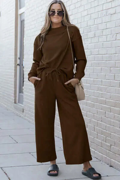 Trendsi Chestnut / S Double Take Full Size Textured Long Sleeve Top and Drawstring Pants Set